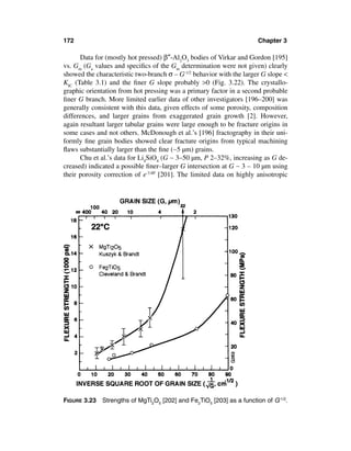 172                                                                   Chapter 3

      Data for (mostly hot pressed) β″-Al2O3 bodies of Virkar and Gordon [195]
vs. Gm (Ga values and speciﬁcs of the Gm determination were not given) clearly
showed the characteristic two-branch σ – G-1/2 behavior with the larger G slope <
KIC (Table 3.1) and the ﬁner G slope probably >0 (Fig. 3.22). The crystallo-
graphic orientation from hot pressing was a primary factor in a second probable
ﬁner G branch. More limited earlier data of other investigators [196–200] was
generally consistent with this data, given effects of some porosity, composition
differences, and larger grains from exaggerated grain growth [2]. However,
again resultant larger tabular grains were large enough to be fracture origins in
some cases and not others. McDonough et al.’s [196] fractography in their uni-
formly ﬁne grain bodies showed clear fracture origins from typical machining
ﬂaws substantially larger than the ﬁne (∼5 µm) grains.
      Chu et al.’s data for Li4SiO4 (G ∼ 3–50 µm, P 2–32%, increasing as G de-
creased) indicated a possible ﬁner–larger G intersection at G ∼ 3 – 10 µm using
their porosity correction of e-3.8P [201]. The limited data on highly anisotropic




FIGURE 3.23 Strengths of MgTi2O5 [202] and Fe2TiO5 [203] as a function of G-1/2.
 