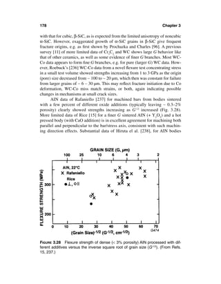 178                                                                    Chapter 3

with that for cubic, β-SiC, as is expected from the limited anisotropy of noncubic
α-SiC. However, exaggerated growth of α-SiC grains in β-SiC give frequent
fracture origins, e.g. as ﬁrst shown by Prochazka and Charles [96]. A previous
survey [11] of more limited data of Cr3C2 and WC shows large G behavior like
that of other ceramics, as well as some evidence of ﬁner G branches. Most WC-
Co data appears to form ﬁne G branches, e.g. for pure (larger G) WC data. How-
ever, Roebuck’s [236] WC-Co data from a novel ﬂexure test concentrating stress
in a small test volume showed strengths increasing from 1 to 3 GPa as the origin
(pore) size decreased from ∼ 100 to ∼ 20 µm, which then was constant for failure
from larger grains of ∼ 6 – 30 µm. This may reﬂect fracture initiation due to Co
deformation, WC-Co miss match strains, or both, again indicating possible
changes in mechanisms at small crack sizes.
      AIN data of Rafaniello [237] for machined bars from bodies sintered
with a few percent of different oxide additions (typically leaving ∼ 0.3–2%
porosity) clearly showed strengths increasing as G-12 increased (Fig. 3.28).
More limited data of Rice [15] for a ﬁner G sintered AIN (+ Y2O3) and a hot
pressed body (with CaO addition) is in excellent agreement for machining both
parallel and perpendicular to the bar/stress axis, consistent with such machin-
ing direction effects. Substantial data of Hiruta el al. [238], for AIN bodies




FIGURE 3.28 Flexure strength of dense (< 3% porosity) AIN processed with dif-
ferent additives versus the inverse square root of grain size (G-1/2). (From Refs.
15, 237.)
 