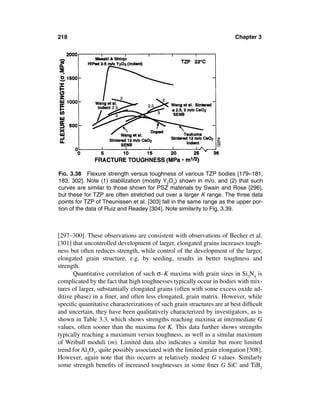218                                                                     Chapter 3




FIG. 3.38 Flexure strength versus toughness of various TZP bodies [179–181,
183, 302]. Note (1) stabilization (mostly Y2O3) shown in m/o, and (2) that such
curves are similar to those shown for PSZ materials by Swain and Rose [296],
but these for TZP are often stretched out over a larger K range. The three data
points for TZP of Theunissen et al. [303] fall in the same range as the upper por-
tion of the data of Ruiz and Readey [304]. Note similarity to Fig. 3.39.



[297–300]. These observations are consistent with observations of Becher et al.
[301] that uncontrolled development of larger, elongated grains increases tough-
ness but often reduces strength, while control of the development of the larger,
elongated grain structure, e.g. by seeding, results in better toughness and
strength.
      Quantitative correlation of such σ–K maxima with grain sizes in Si3N4 is
complicated by the fact that high toughnesses typically occur in bodies with mix-
tures of larger, substantially elongated grains (often with some excess oxide ad-
ditive phase) in a ﬁner, and often less elongated, grain matrix. However, while
speciﬁc quantitative characterizations of such grain structures are at best difﬁcult
and uncertain, they have been qualitatively characterized by investigators, as is
shown in Table 3.3, which shows strengths reaching maxima at intermediate G
values, often sooner than the maxima for K. This data further shows strengths
typically reaching a maximum versus toughness, as well as a similar maximum
of Weibull moduli (m). Limited data also indicates a similar but more limited
trend for Al2O3, quite possibly associated with the limited grain elongation [308].
However, again note that this occurrs at relatively modest G values. Similarly
some strength beneﬁts of increased toughnesses in some ﬁner G SiC and TiB2
 