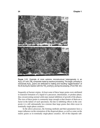 24                                                                        Chapter 1




FIGURE 1.11 Example of more extreme microstructural heterogeneity in an
Al2O3–27 vol% TiB2 composite made by reactive processing. The larger, primarily or
exclusively Al2O3, grains are attributed to melting and resulting “agglomeration” of
the Al during its reaction with the TiO2 and B2O3 during hot pressing. (From Ref. 32.)


frequently at fracture origins. At least some of these larger grains were attributed
to transient formation of a liquid of a precursor, intermediate, or product phase,
thus circumventing normal solid-state mutual inhibition of growth of the phases.
The sizes of these grains is commonly large enough so that clusters of them are a
factor in the failure of such specimens, but due to inhibiting effects in the com-
posite it is still substantially less extreme than large grains that often occur in
nominally single-phase ceramics.
       In the above processes, the forming methods and their parameters have a
major inﬂuence on the orientation of the dispersed phase, as well as some on the
matrix grains as in nominally single-phase ceramics. All of this depends sub-
 