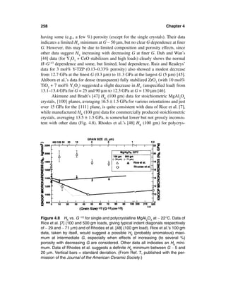 258                                                                     Chapter 4

having some (e.g., a few %) porosity (except for the single crystals). Their data
indicates a limited HV minimum at G ∼ 50 µm, but no clear G dependence at ﬁner
G. However, this may be due to limited composition and porosity effects, since
other data suggest HV increasing with decreasing G at ﬁner G. Duh and Wan’s
[44] data (for Y2O3 + CeO stabilizers and high loads) clearly shows the normal
H–G-1/2 dependence and some, but limited, load dependence. Ruiz and Readeys’
data for 3 mol% Y-TZP (0.13–0.33% porosity) also showed a modest decrease
from 12.7 GPa at the ﬁnest G (0.3 µm) to 11.3 GPa at the largest G (5 µm) [45].
Ahlborn et al.’s data for dense (transparent) fully stabilized ZrO2 (with 10 mol%
TiO2 + 7 mol% Y2O3) suggested a slight decrease in HV (unspeciﬁed load) from
13.1–13.4 GPa for G = 25 and 90 µm to 12.3 GPa at G = 130 µm [46].
      Akimune and Bradt’s [47] HK (100 gm) data for stoichiometric MgAl2O4
crystals, {100} planes, averaging 16.5 ± 1.5 GPa for various orientations and just
over 15 GPa for the {111} plane, is quite consistent with data of Rice et al. [7],
while manufactured HK (100 gm) data for commercially produced stoichiometric
crystals, averaging 13.5 ± 1.5 GPa, is somewhat lower but not grossly inconsis-
tent with other data (Fig. 4.8). Rhodes et al.’s [48] HK (100 gm) for polycrys-




Figure 4.8 HK vs. G -1/2 for single and polycrystalline MgAl2O4 at ∼ 22°C. Data of
Rice et al. [7] (100 and 500 gm loads, giving typical indent diagonals respectively
of ∼ 29 and ∼ 71 µm) and of Rhodes et al. [48] (100 gm load). Rice et al.’s 100 gm
data, taken by itself, would suggest a possible HK (probably anomalous) maxi-
mum at intermediate G, especially when effects of increasing (to several %)
porosity with decreasing G are considered. Other data all indicates an HK mini-
mum. Data of Rhodes et al. suggests a deﬁnite HK minimum between G ∼ 5 and
20 µm. Vertical bars = standard deviation. (From Ref. 7, published with the per-
mission of the Journal of the American Ceramic Society.)
 
