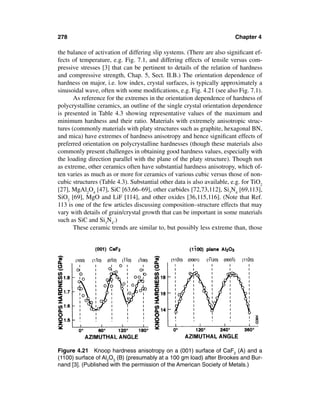 278                                                                      Chapter 4

the balance of activation of differing slip systems. (There are also signiﬁcant ef-
fects of temperature, e.g. Fig. 7.1, and differing effects of tensile versus com-
pressive stresses [3] that can be pertinent to details of the relation of hardness
and compressive strength, Chap. 5, Sect. II.B.) The orientation dependence of
hardness on major, i.e. low index, crystal surfaces, is typically approximately a
sinusoidal wave, often with some modiﬁcations, e.g. Fig. 4.21 (see also Fig. 7.1).
       As reference for the extremes in the orientation dependence of hardness of
polycrystalline ceramics, an outline of the single crystal orientation dependence
is presented in Table 4.3 showing representative values of the maximum and
minimum hardness and their ratio. Materials with extremely anisotropic struc-
tures (commonly materials with platy structures such as graphite, hexagonal BN,
and mica) have extremes of hardness anisotropy and hence signiﬁcant effects of
preferred orientation on polycrystalline hardnesses (though these materials also
commonly present challenges in obtaining good hardness values, especially with
the loading direction parallel with the plane of the platy structure). Though not
as extreme, other ceramics often have substantial hardness anisotropy, which of-
ten varies as much as or more for ceramics of various cubic versus those of non-
cubic structures (Table 4.3). Substantial other data is also available, e.g. for TiO2
[27], MgAl2O4 [47], SiC [63,66–69], other carbides [72,73,112], Si3N4 [69,113],
SiO2 [69], MgO and LiF [114], and other oxides [36,115,116]. (Note that Ref.
113 is one of the few articles discussing composition–structure effects that may
vary with details of grain/crystal growth that can be important in some materials
such as SiC and Si3N4.)
       These ceramic trends are similar to, but possibly less extreme than, those




Figure 4.21 Knoop hardness anisotropy on a (001) surface of CaF2 (A) and a
(100) surface of Al2O3 (B) (presumably at a 100 gm load) after Brookes and Bur-
 1
nand [3]. (Published with the permission of the American Society of Metals.)
 