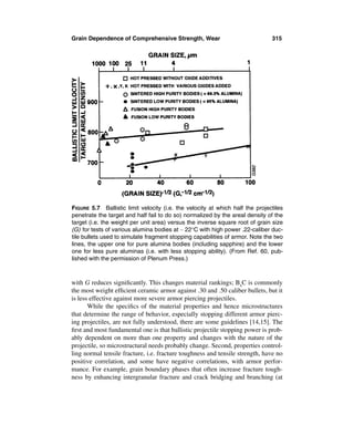 Grain Dependence of Comprehensive Strength, Wear                               315




FIGURE 5.7 Ballistic limit velocity (i.e. the velocity at which half the projectiles
penetrate the target and half fail to do so) normalized by the areal density of the
target (i.e. the weight per unit area) versus the inverse square root of grain size
(G) for tests of various alumina bodies at ∼ 22°C with high power .22-caliber duc-
tile bullets used to simulate fragment stopping capabilities of armor. Note the two
lines, the upper one for pure alumina bodies (including sapphire) and the lower
one for less pure aluminas (i.e. with less stopping ability). (From Ref. 60, pub-
lished with the permission of Plenum Press.)



with G reduces signiﬁcantly. This changes material rankings; B4C is commonly
the most weight efﬁcient ceramic armor against .30 and .50 caliber bullets, but it
is less effective against more severe armor piercing projectiles.
       While the speciﬁcs of the material properties and hence microstructures
that determine the range of behavior, especially stopping different armor pierc-
ing projectiles, are not fully understood, there are some guidelines [14,15]. The
ﬁrst and most fundamental one is that ballistic projectile stopping power is prob-
ably dependent on more than one property and changes with the nature of the
projectile, so microstructural needs probably change. Second, properties control-
ling normal tensile fracture, i.e. fracture toughness and tensile strength, have no
positive correlation, and some have negative correlations, with armor perfor-
mance. For example, grain boundary phases that often increase fracture tough-
ness by enhancing intergranular fracture and crack bridging and branching (at
 