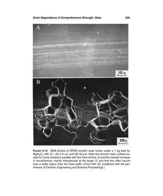 Grain Dependence of Comprehensive Strength, Wear                             329




FIGURE 5.14 SEM photos of DPOD scratch wear tracks under a 1 kg load for
MgAl2O4 with G = (A) 0.4 µm and (B) 50 µm. Note the smooth track surface ex-
cept for some striations parallel with the track at ﬁner G and the marked increase
in microfracture, mainly intergranular at the larger G, and that this often occurs
over a wider region than the track width. (From Ref. 82, published with the per-
mission of Ceramic Engineering and Science Proceedings.)
 