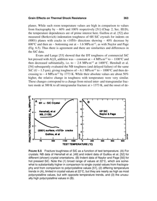 Grain Effects on Thermal Shock Resistance                                       363

planes. While such room temperature values are high in comparison to values
from fractography by ∼ 60% and 100% respectively [51] (Chap. 2, Sec. III.D),
the temperature dependences are of prime interest here. Guillou et al. [52] also
measured (Berkovich) indentation toughness of 6H SiC crystals for indents on
                                    -
(0001) planes with cracks in <1010> directions showing ∼ 40% decrease by
600°C and then an ∼ bottoming out at ∼ 1.6 MPa·m1/2, as with Naylor and Page
(Fig. 6.5). Thus there is agreement and there are similarities and differences in
the SiC data.
      Evans and Lange [53] showed that the DT toughness of commercial SiC
hot pressed with Al2O3 addition was ∼ constant at ∼ 4 MPa·m1/2 to ∼ 1100°C and
then decreased substantially, i.e. to ∼ 2.8 MPa·m1/2 at 1400°C. Henshall et al.
[54] subsequently evaluated the NB toughness (and delayed failure) of the same
SiC (G ∼ 1.5 µm), giving toughness of ∼ 6.1 MPa·m1/2 to ∼ 1000°C and then de-
creasing to ∼ 4 MPa·m1/2 by 1773 K. While their absolute values are about 50%
higher, the relative change in toughness with temperature were very similar.
These changes correspond to a change from mixed inter- and transgranular frac-
ture mode at 300 K to all intergranular fracture at > 1373 K, and the onset of de-




FIGURE 6.5 Fracture toughness of SiC as a function of test temperature. (A) For
crystals: NB data of Henshall et al. [49] and indent data of Guillou et al. [52] for
different (shown) crystal orientations. (B) Indent data of Naylor and Page [50] for
hot pressed SiC. Note the (1) broad range of values at 22°C, which are some-
what to substantially higher in comparison to single crystal values from fractogra-
phy and from comparison to polycrystalline values [51], (2) differing temperature
trends in (A), limited in crystal values at 22°C, but they are nearly as high as most
polycrystalline values, but with opposite temperature trends, and (3) the unusu-
ally high polycrystalline values in (B).
 