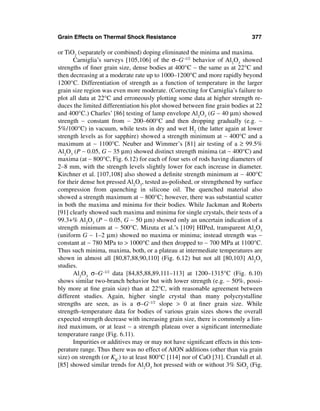 Grain Effects on Thermal Shock Resistance                                     377

or TiO2 (separately or combined) doping eliminated the minima and maxima.
      Carniglia’s surveys [105,106] of the σ–G–1/2 behavior of Al2O3 showed
strengths of ﬁner grain size, dense bodies at 400°C ∼ the same as at 22°C and
then decreasing at a moderate rate up to 1000–1200°C and more rapidly beyond
1200°C. Differentiation of strength as a function of temperature in the larger
grain size region was even more moderate. (Correcting for Carniglia’s failure to
plot all data at 22°C and erroneously plotting some data at higher strength re-
duces the limited differentiation his plot showed between ﬁne grain bodies at 22
and 400°C.) Charles’ [86] testing of lamp envelope Al2O3 (G ∼ 40 µm) showed
strength ∼ constant from ∼ 200–600°C and then dropping gradually (e.g. ∼
5%/100°C) in vacuum, while tests in dry and wet H2 (the latter again at lower
strength levels as for sapphire) showed a strength minimum at ∼ 400°C and a
maximum at ∼ 1100°C. Neuber and Wimmer’s [81] air testing of a ≥ 99.5%
Al2O3 (P ∼ 0.05, G ∼ 35 µm) showed distinct strength minima (at ∼ 400°C) and
maxima (at ∼ 800°C, Fig. 6.12) for each of four sets of rods having diameters of
2–8 mm, with the strength levels slightly lower for each increase in diameter.
Kirchner et al. [107,108] also showed a deﬁnite strength minimum at ∼ 400°C
for their dense hot pressed Al2O3, tested as-polished, or strengthened by surface
compression from quenching in silicone oil. The quenched material also
showed a strength maximum at ∼ 800°C; however, there was substantial scatter
in both the maxima and minima for their bodies. While Jackman and Roberts
[91] clearly showed such maxima and minima for single crystals, their tests of a
99.3+% Al2O3 (P ∼ 0.05, G ∼ 50 µm) showed only an uncertain indication of a
strength minimum at ∼ 500°C. Mizuta et al.’s [109] HIPed, transparent Al2O3
(uniform G ∼ 1–2 µm) showed no maxima or minima; instead strength was ∼
constant at ∼ 780 MPa to > 1000°C and then dropped to ∼ 700 MPa at 1100°C.
Thus such minima, maxima, both, or a plateau at intermediate temperatures are
shown in almost all [80,87,88,90,110] (Fig. 6.12) but not all [80,103] Al2O3
studies.
      Al2O3 σ–G–1/2 data [84,85,88,89,111–113] at 1200–1315°C (Fig. 6.10)
shows similar two-branch behavior but with lower strength (e.g. ∼ 50%, possi-
bly more at ﬁne grain size) than at 22°C, with reasonable agreement between
different studies. Again, higher single crystal than many polycrystalline
strengths are seen, as is a σ–G–1/2 slope > 0 at ﬁner grain size. While
strength–temperature data for bodies of various grain sizes shows the overall
expected strength decrease with increasing grain size, there is commonly a lim-
ited maximum, or at least ∼ a strength plateau over a signiﬁcant intermediate
temperature range (Fig. 6.11).
      Impurities or additives may or may not have signiﬁcant effects in this tem-
perature range. Thus there was no effect of AlON additions (other than via grain
size) on strength (or KIC) to at least 800°C [114] nor of CaO [31]. Crandall et al.
[85] showed similar trends for Al2O3 hot pressed with or without 3% SiO2 (Fig.
 