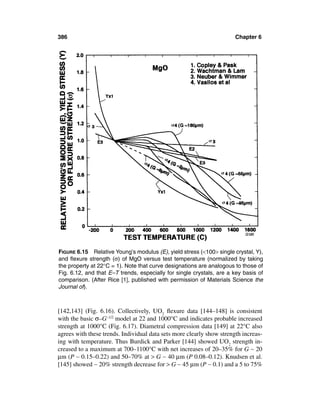 386                                                                    Chapter 6




FIGURE 6.15 Relative Young’s modulus (E), yield stress (<100> single crystal, Y),
and ﬂexure strength (σ) of MgO versus test temperature (normalized by taking
the property at 22°C = 1). Note that curve designations are analogous to those of
Fig. 6.12, and that E–T trends, especially for single crystals, are a key basis of
comparison. (After Rice [1], published with permission of Materials Science the
Journal of).



[142,143] (Fig. 6.16). Collectively, UO2 ﬂexure data [144–148] is consistent
with the basic σ–G–1/2 model at 22 and 1000°C and indicates probable increased
strength at 1000°C (Fig. 6.17). Diametral compression data [149] at 22°C also
agrees with these trends. Individual data sets more clearly show strength increas-
ing with temperature. Thus Burdick and Parker [144] showed UO2 strength in-
creased to a maximum at 700–1100°C with net increases of 20–35% for G ∼ 20
µm (P ∼ 0.15–0.22) and 50–70% at > G ∼ 40 µm (P 0.08–0.12). Knudsen et al.
[145] showed ∼ 20% strength decrease for > G ∼ 45 µm (P ∼ 0.1) and a 5 to 75%
 