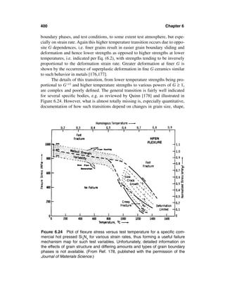 400                                                                     Chapter 6

boundary phases, and test conditions, to some extent test atmosphere, but espe-
cially on strain rate. Again this higher temperature transition occurs due to oppo-
site G dependences, i.e. ﬁner grains result in easier grain boundary sliding and
deformation and hence lower strengths as opposed to higher strengths at lower
temperatures, i.e. indicated per Eq. (6.2), with strengths tending to be inversely
proportional to the deformation strain rate. Greater deformation at ﬁner G is
shown by the occurrence of superplastic deformation in ﬁne G ceramics similar
to such behavior in metals [176,177].
       The details of this transition, from lower temperature strengths being pro-
portional to G–1/2 and higher temperature strengths to various powers of G ≥ 1,
are complex and poorly deﬁned. The general transition is fairly well indicated
for several speciﬁc bodies, e.g. as reviewed by Quinn [178] and illustrated in
Figure 6.24. However, what is almost totally missing is, especially quantitative,
documentation of how such transitions depend on changes in grain size, shape,




FIGURE 6.24 Plot of ﬂexure stress versus test temperature for a speciﬁc com-
mercial hot pressed Si3N4 for various strain rates, thus forming a useful failure
mechanism map for such test variables. Unfortunately, detailed information on
the effects of grain structure and differing amounts and types of grain boundary
phases is not available. (From Ref. 178, published with the permission of the
Journal of Materials Science.)
 