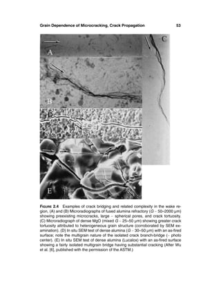 Grain Dependence of Microcracking, Crack Propagation                          53




FIGURE 2.4 Examples of crack bridging and related complexity in the wake re-
gion, (A) and (B) Microradiographs of fused alumina refractory (G ∼ 50–2000 µm)
showing preexisting microcracks, large ∼ spherical pores, and crack tortuosity.
(C) Microradiograph of dense MgO (mixed G ∼ 25–50 µm) showing greater crack
tortuosity attributed to heterogeneous grain structure (corroborated by SEM ex-
amination). (D) In situ SEM test of dense alumina (G ∼ 30–50 µm) with an as-ﬁred
surface; note the multigrain nature of the isolated crack branch-bridge (∼ photo
center). (E) In situ SEM test of dense alumina (Lucalox) with an as-ﬁred surface
showing a fairly isolated multigrain bridge having substantial cracking (After Wu
et al. [6], published with the permission of the ASTM.)
 