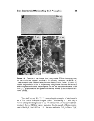Grain Dependence of Microcracking, Crack Propagation                          59




FIGURE 2.6 Example of the change from intergranular SCG to fast transgranu-
lar fracture in hot pressed alumina (∼ 2% porosity, strength 290 MPA). (A)
Lower magniﬁcation SEM showing fracture origin (bottom center). (B) and (C)
Higher magniﬁcation SEMs of respectively intergranular fracture due to SCG
and transgranular fracture adjoining this and for the rest of the fracture (After
Rice [71], published with the permission of the Journal of the American Ce-
ramic Society.)



      Tests by Rice and Wu [72, 73] comparing the strengths of specimens in
air at 22°C versus in liquid nitrogen (-196°C, eliminating SCG with only a
modest change in strength due to a 2–4% increase in E with decreased tem-
perature) showed SCG in various materials. Single crystals of both stoichio-
metric MgAl2O4 (for {100} or {110} fracture) and cubic ZrO2 (+20 w/o Y2O3)
 