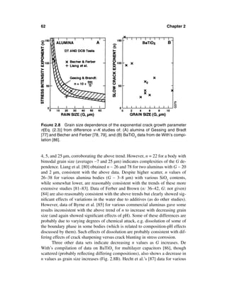 62                                                                     Chapter 2




FIGURE 2.8 Grain size dependence of the exponential crack growth parameter
n[Eq. (2.3)] from difference v–K studies of: (A) alumina of Gessing and Bradt
[77] and Becher and Ferber [78, 79], and (B) BaTiO3 data from de With’s compi-
lation [86].


4, 5, and 25 µm, corroborating the above trend. However, n = 22 for a body with
bimodal grain size (averages ∼7 and 25 µm) indicates complexities of the G de-
pendence. Liang et al. [80] obtained n ∼ 26 and 78 for two aluminas with G ∼ 20
and 2 µm, consistent with the above data. Despite higher scatter, n values of
26–38 for various alumina bodies (G ∼ 3–8 µm) with various SiO2 contents,
while somewhat lower, are reasonably consistent with the trends of these more
extensive studies [81–83]. Data of Ferber and Brown (n: 36–42, G: not given)
[84] are also reasonably consistent with the above trends but clearly showed sig-
niﬁcant effects of variations in the water due to additives (as do other studies).
However, data of Byrne et al. [85] for various commercial aluminas gave some
results inconsistent with the above trend of n to increase with decreasing grain
size (and again showed signiﬁcant effects of pH). Some of these differences are
probably due to varying degrees of chemical attack, e.g. dissolution of some of
the boundary phase in some bodies (which is related to composition-pH effects
discussed by them). Such effects of dissolution are probably consistent with dif-
fering effects of crack sharpening versus crack blunting in stress corrosion.
       Three other data sets indicate decreasing n values as G increases. De
With’s compilation of data on BaTiO3 for multilayer capacitors [86], though
scattered (probably reﬂecting differing compositions), also shows a decrease in
n values as grain size increases (Fig. 2.8B). Hecht et al.’s [87] data for various
 