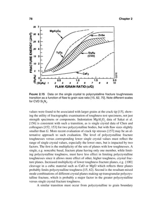 78                                                                         Chapter 2




FIGURE 2.15 Data on the single crystal to polycrystalline fracture toughnesses
transition as a function of ﬂaw to grain size ratio [15, 62, 70]. Note different scales
for CVD Si3N4.


values were found to be associated with larger grains at the crack tip [15], show-
ing the utility of fractographic examination of toughness test specimens, not just
strength specimens or components. Indentation MgAl2O4 data of Sakai et al.
[156] is consistent with such a transition, as is single crystal data of Chen and
colleagues [152, 153] for two polycrystalline bodies, but with ﬂaw sizes slightly
smaller than G. More recent evaluation of crack tip stresses [157] may be an al-
ternative approach to such evaluation. The level of polycrystalline fracture
toughnesses versus corresponding lower single crystal values must reﬂect the
range of single crystal values, especially the lower ones, but is impacted by two
factors. The ﬁrst is the multiplicity of the sets of planes with low toughnesses. A
single, e.g. noncubic basal, fracture plane having only one member, while limit-
ing polycrystalline toughness, must have less effect in limiting polycrystalline
toughnesses since it allows more effect of other, higher toughness, crystal frac-
ture planes. Increased multiplicity of lower toughness fracture planes, e.g. {100}
cleavage in a cubic material such as CaO or MgO which reﬂects three planes
probably limits polycrystalline toughness [15, 62]. Second is the resultant mixed
mode combinations of different crystal planes making up transgranular polycrys-
talline fracture, which is probably a major factor in the greater polycrystalline
versus single crystal fracture toughness.
       A similar transition must occur from polycrystalline to grain boundary
 