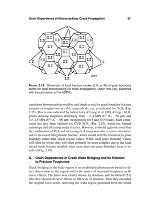 Grain Dependence of Microcracking, Crack Propagation                            87




FIGURE 2.19 Schematic of local fracture modes (I, II, or III) of grain boundary
facets for local microcracking (or crack propagation). (After Rice [39], published
with the permission of the ASTM.)



transitions between polycrystalline and single crystal or grain boundary fracture
energies or toughnesses as cubic materials do, e.g. as indicated for Si3N4 (Fig.
2.15). This is also indicated by indent tests of Liang et al. [80] of larger Al2O3
grains showing toughness decreasing from ∼ 2–4 MPa·m1/2 (G ∼ 50 µm) and
1.5–2.5 MPa·m1/2 (G ∼ 100 µm) (respectively for 5 and 10 N loads). Such a tran-
sition has also been outlined for CVD Si3N4 (Fig. 2.15), which has limited
anisotropy and all transgranular fracture. However, it should again be noted that
the combination of TEA and increasing G of many noncubic ceramics should re-
sult in increased intergranular fracture, which would shift the transition to grain
boundary rather than single crystal values. While such grain boundary values
will often be lower, they will often probably be more complex due to the local
mixed mode fracture entailed when more than one grain boundary facet is in-
volved (Fig. 2.19).

G. Grain Dependence of Crack Wake Bridging and Its Relation
   to Fracture Toughness
Crack bridging in the wake region is an established phenomenon based on di-
rect observation in this region and is the source of increased toughness in R-
curve effects. The latter was clearly shown by Knehans and Steinbrech [51]
who ﬁrst showed R-curve effects in NB tests of alumina. Then they extended
the original sawn notch, removing the wake region generated from the initial
 