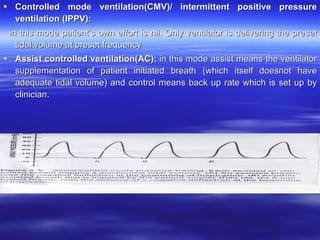 Controlled mode ventilation(CMV)/ intermittent positive pressure ventilation (IPPV): in this mode patient’s own effort is nil. Only ventilator is delivering the preset tidal volume at preset frequency Assist controlled ventilation(AC):  in this mode assist means the ventilator supplementation of patient initiated breath (which itself doesnot have adequate tidal volume) and control means back up rate which is set up by clinician. 