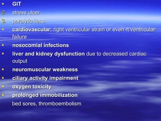 GIT stress ulcer paralytic ileus cardiovascular:  right ventricular strain or even rt ventricular failure nosocomial infections liver and kidney dysfunction  due to decreased cardiac output neuromuscular weakness ciliary activity impairment oxygen toxicity prolonged immobilization bed sores, thromboembolism 