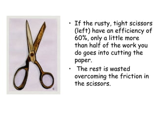 If the rusty, tight scissors (left) have an efficiency of 60%, only a little more than half of the work you do goes into cutting the paper. The rest is wasted overcoming the friction in the scissors. 
