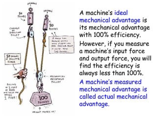 A machine’s  ideal mechanical advantage  is its mechanical advantage with 100% efficiency.  However, if you measure a machine’s input force and output force, you will find the efficiency is always less than 100%.  A machine’s measured mechanical advantage is called actual mechanical advantage. 