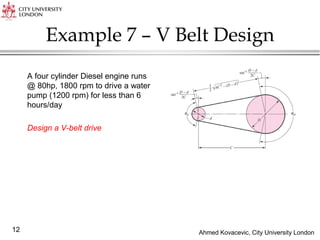 Ahmed Kovacevic, City University London
12
Example 7 – V Belt Design
A four cylinder Diesel engine runs
@ 80hp, 1800 rpm to drive a water
pump (1200 rpm) for less than 6
hours/day
Design a V-belt drive
 