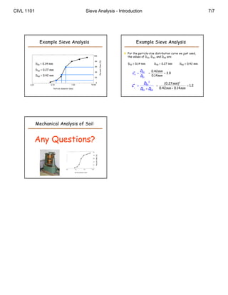 CIVL 1101                                                               Sieve Analysis - Introduction                                                                            7/7




              Example Sieve Analysis                                                                                           Example Sieve Analysis

                                                                                                                       For the particle-size distribution curve we just used,
                                                                                                                        the values of D10, D30, and D60 are:




                                                                                                  Percent finer (%)
            D10 = 0.14 mm                                                                                               D10 = 0.14 mm         D30 = 0.27 mm      D60 = 0.42 mm

            D30 = 0.27 mm                                                                                                          D60       0.42mm
                                                                                                                            Cu                     3.0
            D60 = 0.42 mm                                                                                                          D10       0.14mm

                                                                                                                                     D302         (0.27mm )2
                                                                                                                           Cc                                 1.2
                            Particle diameter (mm)                                                                                 D10  D60   0.42mm  0.14mm




            Mechanical Analysis of Soil


            Any Questions?
                                                                              Percent finer (%)




                                                     Particle diameter (mm)
 