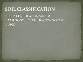 USDA CLASIFICATION SYSTEM
AASHTO SOIL CLASSIFICATION SYSTEM
USCS
 