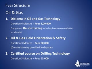 FeesStructure
1. Diploma in Oil and Gas Technology
Duration 6 Months – Fees 1,00,000
Compulsory On-site training Including Free accommodation
in Mumbai
2. Oil & Gas Field Orientation & Safety
Duration 3 Months – Fees 60,000
(On-site training provided in Gujarat)
3. Certified course on Drilling Technology
Duration 3 Months – Fees 65,000
Oil & Gas
 