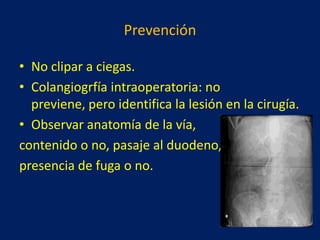 Prevención
• No clipar a ciegas.
• Colangiogrfía intraoperatoria: no
previene, pero identifica la lesión en la cirugía.
• Observar anatomía de la vía,
contenido o no, pasaje al duodeno,
presencia de fuga o no.

 