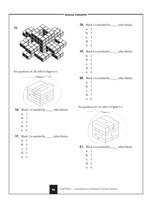CHAPTER 4 • LearningExpress Mechanical  Spatial Aptitude
96
15.
For questions 16–20, refer to Figure I-1
16. Block 1 is touched by _____ other blocks.
a. 2
b. 3
c. 4
d. 5
e. 6
17. Block 2 is touched by _____ other blocks.
a. 2
b. 3
c. 4
d. 5
e. 6
18. Block 3 is touched by _____ other blocks.
a. 2
b. 3
c. 4
d. 5
e. 6
19. Block 4 is touched by _____ other blocks.
a. 2
b. 3
c. 4
d. 5
e. 6
20. Block 5 is touched by _____ other blocks.
a. 2
b. 3
c. 4
d. 5
e. 6
For questions 21–25, refer to Figure I-2
21. Block 6 is touched by _____ other blocks.
a. 2
b. 3
c. 4
d. 5
e. 6
–SPATIAL CONCEPTS–
 