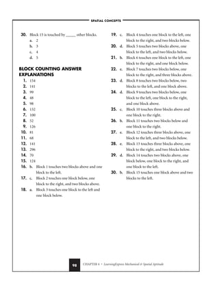 CHAPTER 4 • LearningExpress Mechanical  Spatial Aptitude
98
–SPATIAL CONCEPTS–
30. Block 15 is touched by _____ other blocks.
a. 2
b. 3
c. 4
d. 5
BLOCK COUNTING ANSWER
EXPLANATIONS
1. 154
2. 141
3. 99
4. 48
5. 98
6. 132
7. 100
8. 52
9. 126
10. 81
11. 68
12. 141
13. 296
14. 70
15. 124
16. b. Block 1 touches two blocks above and one
block to the left.
17. c. Block 2 touches one block below, one
block to the right, and two blocks above.
18. a. Block 3 touches one block to the left and
one block below.
19. c. Block 4 touches one block to the left, one
block to the right, and two blocks below.
20. d. Block 5 touches two blocks above, one
block to the left, and two blocks below.
21. b. Block 6 touches one block to the left, one
block to the right, and one block below.
22. e. Block 7 touches two blocks below, one
block to the right, and three blocks above.
23. d. Block 8 touches two blocks below, two
blocks to the left, and one block above.
24. d. Block 9 touches two blocks below, one
block to the left, one block to the right,
and one block above.
25. c. Block 10 touches three blocks above and
one block to the right.
26. b. Block 11 touches two blocks below and
one block to the right.
27. e. Block 12 touches three blocks above, one
block to the left, and two blocks below.
28. e. Block 13 touches three blocks above, one
block to the right, and two blocks below.
29. d. Block 14 touches two blocks above, one
block below, one block to the right, and
one block to the left.
30. b. Block 15 touches one block above and two
blocks to the left.
 