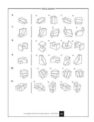 LearningExpress Mechanical  Spatial Aptitude • CHAPTER 4 101
6.
7.
8.
9.
10.
11. a)
b) c) d)
a) b) c) d)
a) b) c) d)
a) b) c) d)
a) b) c) d)
a) b) c) d)
–SPATIAL CONCEPTS–
 