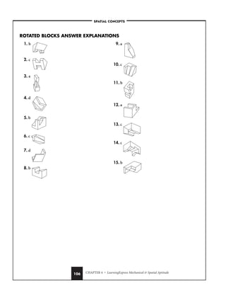 CHAPTER 4 • LearningExpress Mechanical  Spatial Aptitude
106
ROTATED BLOCKS ANSWER EXPLANATIONS
–SPATIAL CONCEPTS–
1. b
2. c
3. a
4. d
5. b
6. c
7. d
8. b
9. a
10. c
11. b
12. a
13. c
14. c
15. b
 