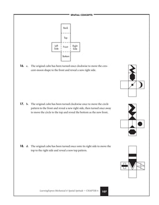 LearningExpress Mechanical  Spatial Aptitude • CHAPTER 4 107
16. c. The original cube has been turned once clockwise to move the cres-
cent-moon shape to the front and reveal a new right side.
17. b. The original cube has been turned clockwise once to move the circle
pattern to the front and reveal a new right side, then turned once away
to move the circle to the top and reveal the bottom as the new front.
18. d. The original cube has been turned once onto its right side to move the
top to the right side and reveal a new top pattern.
Front
Left
Side
Right
Side
Bottom
Top
Back
–SPATIAL CONCEPTS–
 