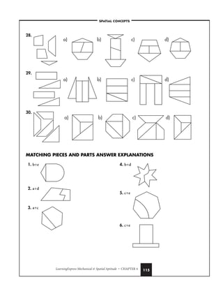 LearningExpress Mechanical  Spatial Aptitude • CHAPTER 4 115
28.
29.
30.
MATCHING PIECES AND PARTS ANSWER EXPLANATIONS
a) b) c) d)
a) b) c) d)
a) b) c) d)
–SPATIAL CONCEPTS–
1. b+e
2. a+d
3. a+c
4. b+d
5. c+e
6. c+e
 