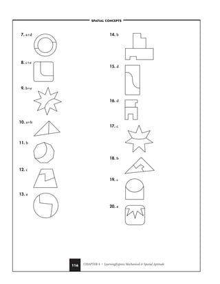 CHAPTER 4 • LearningExpress Mechanical  Spatial Aptitude
116
7. a+d
8. c+e
9. b+e
10. a+b
11. b
12. c
13. a
14. b
15. d
16. d
17. c
18. b
19. c
20. a
–SPATIAL CONCEPTS–
 