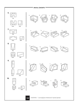 CHAPTER 4 • LearningExpress Mechanical  Spatial Aptitude
120
6.
7.
8.
9.
10.
a. b. c. d.
top
front side
a. b. c. d.
top
front side
a.
b.
c. d.
top
front side
a. b. c. d.
top
front side
a. b. c. d.
top
front side
–SPATIAL CONCEPTS–
 