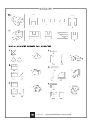 CHAPTER 4 • LearningExpress Mechanical  Spatial Aptitude
124
29.
30.
SPATIAL ANALYSIS ANSWER EXPLANATIONS
a. b. c. d.
a.
b. c.
d.
–SPATIAL CONCEPTS–
1.
2.
3.
4.
5.
6.
c.
top
front side
b.
top
front side
b.
top
front side
a.
top
front side
a.
top
front side
c.
top
side front
 
