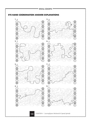 CHAPTER 4 • LearningExpress Mechanical  Spatial Aptitude
152
EYE-HAND COORDINATION ANSWER EXPLANATIONS
a
b
c
d
e
f
g
h
1
2
3
4
5
6
7
8
a
b
c
d
e
f
g
h
1
2
3
4
5
6
7
8
a
b
c
d
e
f
g
h
1
2
3
4
5
6
7
8
a
b
c
d
e
f
g
h
1
2
3
4
5
6
7
8
a
b
c
d
e
f
g
h
1
2
3
4
5
6
7
8
a
b
c
d
e
f
g
h
1
2
3
4
5
6
7
8
a
b
c
d
e
f
g
h
1
2
3
4
5
6
7
8
a
b
c
d
e
f
g
h
1
2
3
4
5
6
7
8
1. e
2. h
3. c
4. b
5. g
6. a
7. d
8. f
–SPATIAL CONCEPTS–
 