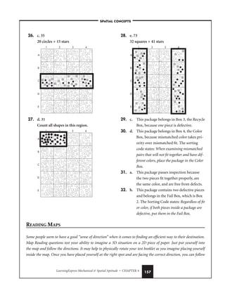 LearningExpress Mechanical  Spatial Aptitude • CHAPTER 4 157
26. c. 35
20 circles + 15 stars
27. d. 31
Count all shapes in this region.
28. e. 73
32 squares + 41 stars
29. c. This package belongs in Box 3, the Recycle
Box, because one piece is defective.
30. d. This package belongs in Box 4, the Color
Box, because mismatched color takes pri-
ority over mismatched fit. The sorting
code states: When examining mismatched
pairs that will not fit together and have dif-
ferent colors, place the package in the Color
Box.
31. a. This package passes inspection because
the two pieces fit together properly, are
the same color, and are free from defects.
32. b. This package contains two defective pieces
and belongs in the Fail Box, which is Box
2. The Sorting Code states: Regardless of fit
or color, if both pieces inside a package are
defective, put them in the Fail Box.
1 2 3 4
A
B
C
D
E
1 2 3 4
A
B
C
D
E
1 2 3 4
A
B
C
D
E
–SPATIAL CONCEPTS–
READING MAPS
Some people seem to have a good “sense of direction” when it comes to finding an efficient way to their destination.
Map Reading questions test your ability to imagine a 3D situation on a 2D piece of paper. Just put yourself into
the map and follow the directions. It may help to physically rotate your test booklet as you imagine placing yourself
inside the map. Once you have placed yourself at the right spot and are facing the correct direction, you can follow
 