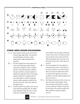 CHAPTER 5 • LearningExpress Mechanical  Spatial Aptitude
184
–INTERPRETING SYMBOLS–
1. b. Each symbol is made up of a circle with a
centered right angle inside. The symbol is
rotated 90 degrees clockwise as they
progress left to right making the best
answer b.
2. c. The first symbol is just a line segment. In
each of the following symbols another
component is added to make a complete
structure. After the black dot is added to
the top of symbol 2, a slanted segment is
added to the right side of the constructing
symbol. A black dot is added to the bot-
tom of the figure in symbol 5 implying
another slanted segment be added to the
left of the structure. This is best reflected
through answer c.
3. e. The first symbol is an empty circle. In each
of the following symbols there are added
pieces being put inside the circle. In each
of the last 3 symbols there is a line seg-
ment added to the top, right, and bottom
sections of the circle. To continue the pat-
tern, the answer must contain all of the
added components and a new line in the
left section of the circle. This is shown in
answer e.
4. c. The first pentagon has 5 line segments
connecting each corner to the center. As
the series continues, one of those lines is
taken away for each symbol. Since there
are only five line segments, the answer
would have to be the empty pentagon, best
shown in answer c.
5. a. Each figure is made up of three circles one
gray, one white, and one black. As the
series continues each symbol is rotated
counter-clockwise 45 degrees more than
the one before. The answer would be the
fifth symbol but rotated 45 degrees,
answer a.
26.
27.
28.
29.
30.
SYMBOL SERIES ANSWER EXPLANATIONS
(A)
(A) (B)
(B) (C)
(C) (D)
(D) (E)
(E)
 