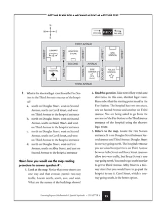 LearningExpress Mechanical  Spatial Aptitude • CHAPTER 1 15
1. What is the shortest legal route from the Fire Sta-
tion to the Third Avenue entrance of the hospi-
tal?
a. south on Douglas Street, west on Second
Avenue, north on Carol Street, and west
on Third Avenue to the hospital entrance
b. north on Douglas Street, west on Second
Avenue, south on Bruce Street, and west
on Third Avenue to the hospital entrance
c. north on Douglas Street, west on Second
Avenue, south on Carol Street, and west
on Third Avenue to the hospital entrance
d. north on Douglas Street, west on First
Avenue, south on Abby Street, and east on
Second Avenue to the hospital entrance
Here’s how you would use the map-reading
procedure to answer question #1.
1. Look at the map. Notice that some streets are
one way and that avenues permit two-way
traffic. Locate north, south, east, and west.
What are the names of the buildings shown?
2. Read the question.Take note of key words and
directions, in this case, shortest legal route.
Remember that the starting point must be the
Fire Station. The hospital has two entrances,
one on Second Avenue and another on Third
Avenue. You are being asked to go from the
entrance of the Fire Station to the ThirdAvenue
entrance of the hospital using the shortest
legal route.
3. Return to the map. Locate the Fire Station
entrance. It is on Douglas Street between Sec-
ond Avenue and Third Avenue.Douglas Street
is one way going north. The hospital entrance
you are asked to report to is on Third Avenue
betweenAbby Street and Bruce Street.Avenues
allow two-way traffic, but Bruce Street is one
way going north.You need to go south in order
to get to Third Avenue. Abby Street is a two-
way street but you would have to go past the
hospital to use it. Carol Street, which is one-
way going south, is the better option.
N
S
E
W
LIBRARY GROCERY
STORE GAS
STATION
POLICE
STATION
FIRE
STATION
HOSPITAL
FIRST AVENUE
THIRD AVENUE
SECOND
ABBY
BRUCE
CAROL
DOUGLAS
EDWARD
STREET
STREET
STREET
STREET
STREET
AVENUE
one way two way
KEY
–GETTING READY FOR A MECHANICAL/SPATIAL APTITUDE TEST–
 