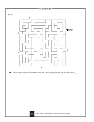 CHAPTER 6 • LearningExpress Mechanical  Spatial Aptitude
220
MAZES
54. Follow the maze above and mark the letter that correctly represents the way out of the maze. ___
A
B
C
E
enter
D
–DIAGNOSTIC TEST–
 