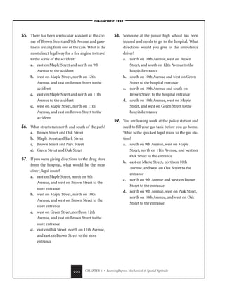 CHAPTER 6 • LearningExpress Mechanical  Spatial Aptitude
222
55. There has been a vehicular accident at the cor-
ner of Brown Street and 9th Avenue and gaso-
line is leaking from one of the cars. What is the
most direct legal way for a fire engine to travel
to the scene of the accident?
a. east on Maple Street and north on 9th
Avenue to the accident
b. west on Maple Street, north on 12th
Avenue, and east on Brown Street to the
accident
c. east on Maple Street and north on 11th
Avenue to the accident
d. west on Maple Street, north on 11th
Avenue, and east on Brown Street to the
accident
56. What streets run north and south of the park?
a. Brown Street and Oak Street
b. Maple Street and Park Street
c. Brown Street and Park Street
d. Green Street and Oak Street
57. If you were giving directions to the drug store
from the hospital, what would be the most
direct, legal route?
a. east on Maple Street, north on 9th
Avenue, and west on Brown Street to the
store entrance
b. west on Maple Street, north on 10th
Avenue, and west on Brown Street to the
store entrance
c. west on Green Street, north on 12th
Avenue, and east on Brown Street to the
store entrance
d. east on Oak Street, north on 11th Avenue,
and east on Brown Street to the store
entrance
58. Someone at the junior high school has been
injured and needs to go to the hospital. What
directions would you give to the ambulance
driver?
a. north on 10th Avenue, west on Brown
Street, and south on 12th Avenue to the
hospital entrance
b. south on 10th Avenue and west on Green
Street to the hospital entrance
c. north on 10th Avenue and south on
Brown Street to the hospital entrance
d. south on 10th Avenue, west on Maple
Street, and west on Green Street to the
hospital entrance
59. You are leaving work at the police station and
need to fill your gas tank before you go home.
What is the quickest legal route to the gas sta-
tion?
a. south on 9th Avenue, west on Maple
Street, north on 11th Avenue, and west on
Oak Street to the entrance
b. east on Maple Street, north on 10th
Avenue, and west on Oak Street to the
entrance
c. north on 9th Avenue and west on Brown
Street to the entrance
d. north on 9th Avenue, west on Park Street,
north on 10th Avenue, and west on Oak
Street to the entrance
–DIAGNOSTIC TEST–
 