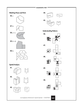 LearningExpress Mechanical  Spatial Aptitude • CHAPTER 6 227
Matching Pieces and Parts
36. c.
37. b.
38. a + e.
39. b + d.
40. b.
Spatial Analysis
41.
42.
43.
44.
45.
Understanding Patterns
46.
47.
48.
49.
50.
b.
c.
d.
a.
c.
A
B
C C
–DIAGNOSTIC TEST–
 