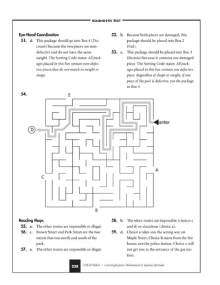 CHAPTER 6 • LearningExpress Mechanical  Spatial Aptitude
228
Eye-Hand Coordination
51. d. This package should go into Box 4 (Dis-
count) because the two pieces are non-
defective and do not have the same
weight. The Sorting Code states: All pack-
ages placed in this box contain non-defec-
tive pieces that do not match in weight or
shape.
52. b. Because both pieces are damaged, this
package should be placed into Box 2
(Fail).
53. c. This package should be placed into Box 3
(Recycle) because it contains one damaged
piece. The Sorting Code states: All pack-
ages placed in this box contain one defective
piece. Regardless of shape or weight, if one
piece of the pair is defective, put the package
in Box 3.
–DIAGNOSTIC TEST–
54.
A
B
C
E
enter
D
Reading Maps
55. a. The other routes are impossible or illegal.
56. c. Brown Street and Park Street are the two
streets that run north and south of the
park.
57. a. The other routes are impossible or illegal.
58. b. The other routes are impossible (choices c
and d) or circuitous (choice a).
59. d. Choice a takes you the wrong way on
Maple Street. Choice b starts from the fire
house, not the police station. Choice c will
not get you to the entrance of the gas sta-
tion.
 