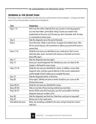 CHAPTER 2 • LearningExpress Mechanical  Spatial Aptitude
28
SCHEDULE A: THE 30-DAY PLAN
If you have at least a month before you take your test, you have plenty of time to prepare—as long as you don’t
waste it! If you have less than a month, turn to Schedule B.
Time Preparation
Days 1–4 Skim over the written materials from any courses or training programs
you may have taken, particularly noting 1) areas you expect to be
emphasized on the exam and 2) areas you don’t remember well. On Day
4, concentrate on those areas.
Day 5 Take the diagnostic test at the end of the book.
Day 6 Score the exam. Make a note of your strongest and weakest areas. Iden-
tify two areas that you will concentrate on before you practice the exam a
second time.
Days 7–10 Study the two areas you identified as your weak points. Don’t worry
about the other areas. Go back to the sections in the book and review
these skills again.
Day 11 Take the diagnostic test once again.
Day 12 Score your second diagnostic test. Identify one area, turn back to the
chapter in the book for more review.
Days 13–18 Study the one area you identified for review. In addition, review both
diagnostic tests, and give special attention to the answer explanations
and the length of time it takes you to complete the exam.
Day 19 Take the diagnostic test for a third time.
Day 20 Once again, identify one area to review, based on your score on the
third practice exam.
Days 20–21 Study the one area you identified for review.
Days 22–25 Take an overview of any training material you may have.
Days 26–27 Review all the areas that have given you the most trouble in the three
diagnostic tests you’ve taken so far.
Day 28 Take the diagnostic one final time. Note how much you’ve improved!
Day 29 Review one or two weak areas.
Day before the exam Relax. Do something unrelated to the exam and go to bed at a reason-
able hour.
–THE LEARNINGEXPRESS TEST PREPARATION SYSTEM–
 