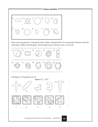 LearningExpress Mechanical  Spatial Aptitude • CHAPTER 4 89
When answering questions 11 through 20, refer to shapes a through j above. For each question, determine which let-
tered shape is hidden inside the figure. Lettered shapes may be used once, twice, or not at all.
Use Figure J-1 for questions 21–25:
11. 12. 13. 14. 15.
16. 17. 18. 19. 20.
a) b) c) d) e)
f) g) h) i) j)
–SPATIAL CONCEPTS–
 