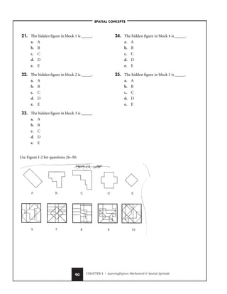 CHAPTER 4 • LearningExpress Mechanical  Spatial Aptitude
90
21. The hidden figure in block 1 is _____.
a. A
b. B
c. C
d. D
e. E
22. The hidden figure in block 2 is _____.
a. A
b. B
c. C
d. D
e. E
23. The hidden figure in block 3 is _____.
a. A
b. B
c. C
d. D
e. E
24. The hidden figure in block 4 is _____.
a. A
b. B
c. C
d. D
e. E
25. The hidden figure in block 5 is _____.
a. A
b. B
c. C
d. D
e. E
–SPATIAL CONCEPTS–
Use Figure J-2 for questions 26–30:
 