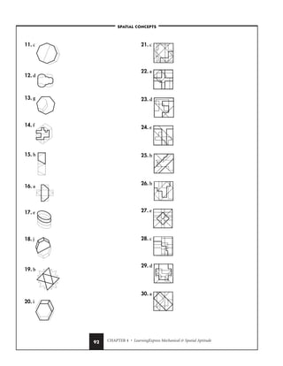 CHAPTER 4 • LearningExpress Mechanical  Spatial Aptitude
92
11. c
12. d
13. g
14. f
15. h
16. a
17. e
18. j
19. b
20. i
21. c
22. a
23. d
24. e
25. b
26. b
27. e
28. c
29. d
30. a
–SPATIAL CONCEPTS–
 