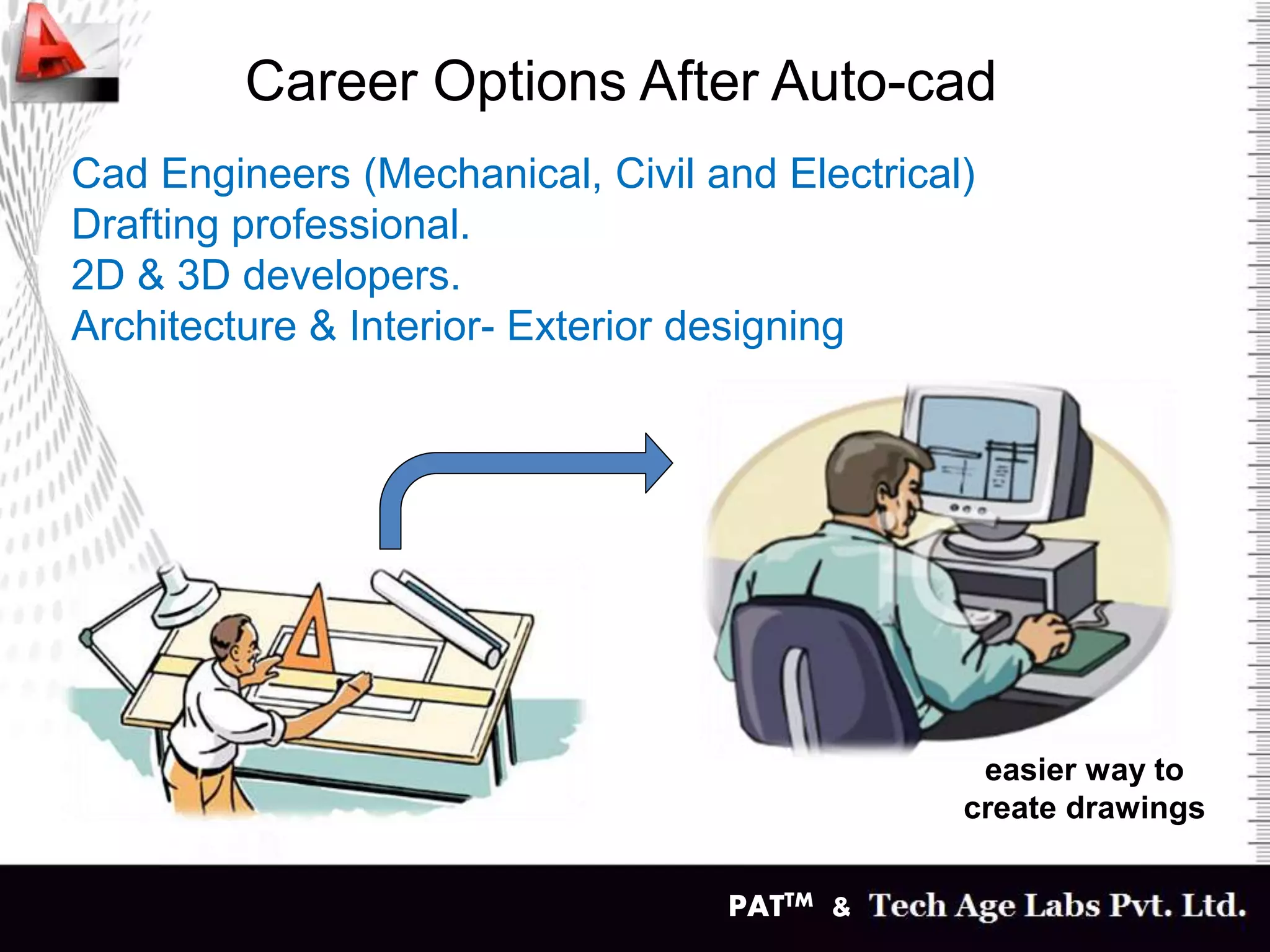 PATTM &
Career Options After Auto-cad
Cad Engineers (Mechanical, Civil and Electrical)
Drafting professional.
2D & 3D developers.
Architecture & Interior- Exterior designing
easier way to
create drawings
 