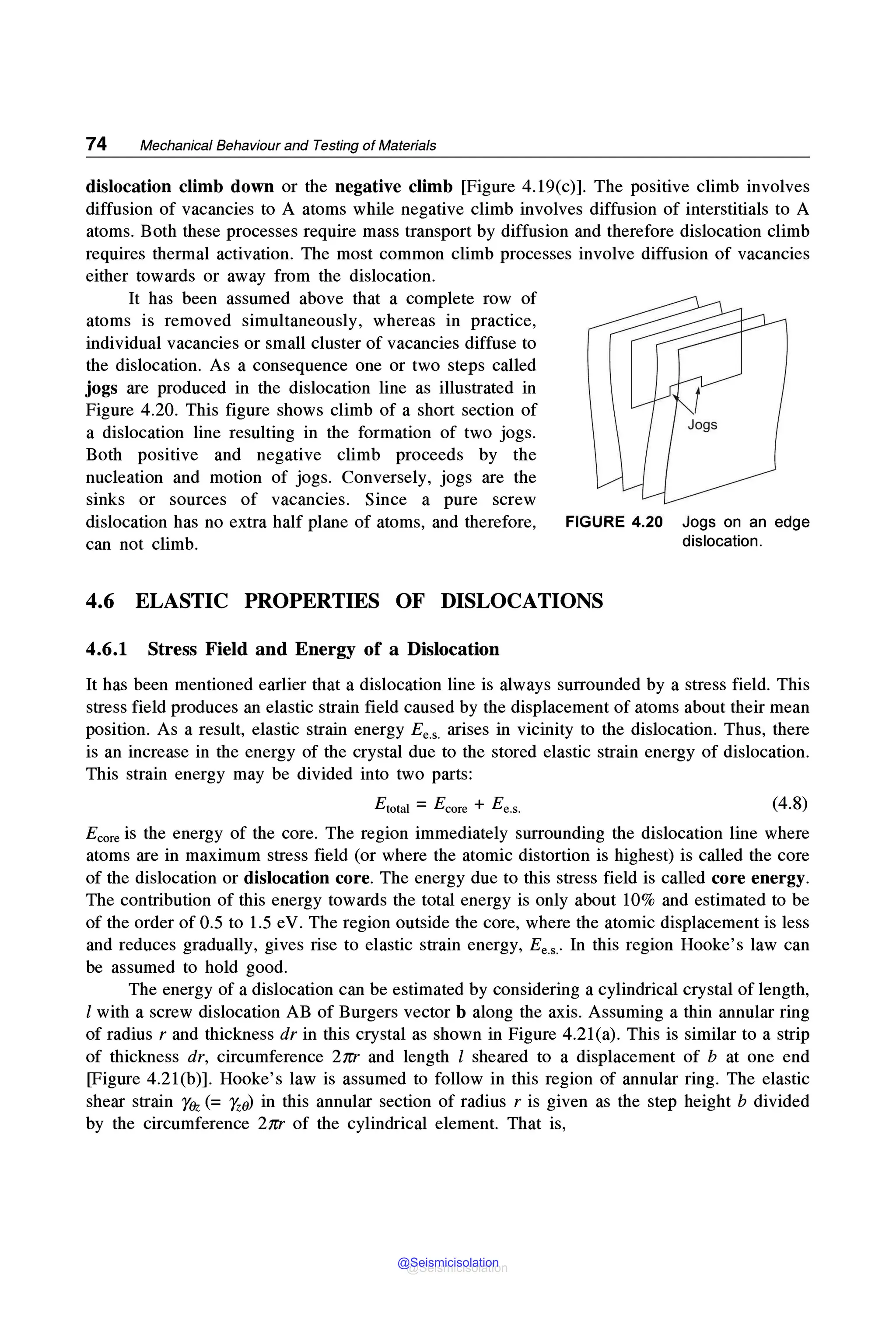 74 Mechanical Behaviour and Testing of Materials
dislocation climb down or the negative climb [Figure 4.19(c)]. The positive climb involves
diffusion of vacancies to A atoms while negative climb involves diffusion of interstitials to A
atoms. Both these processes require mass transport by diffusion and therefore dislocation climb
requires thermal activation. The most common climb processes involve diffusion of vacancies
either towards or away from the dislocation.
It has been assumed above that a complete row of
atoms is removed simultaneously, whereas in practice,
individual vacancies or small cluster of vacancies diffuse to
the dislocation. As a consequence one or two steps called
jogs are produced in the dislocation line as illustrated in
Figure 4.20. This figure shows climb of a short section of
a dislocation line resulting in the formation of two jogs.
Both positive and negative climb proceeds by the
nucleation and motion of jogs. Conversely, jogs are the
sinks or sources of vacancies. Since a pure screw
dislocation has no extra half plane of atoms, and therefore,
can not climb.
FIGURE 4.20 Jogs on an edge
dislocation.
4.6 ELASTIC PROPERTIES OF DISLOCATIONS
4.6.1 Stress Field and Energy of a Dislocation
It has been mentioned earlier that a dislocation line is always surrounded by a stress field. This
stress field produces an elastic strain field caused by the displacement of atoms about their mean
position. As a result, elastic strain energy Ee.s. arises in vicinity to the dislocation. Thus, there
is an increase in the energy of the crystal due to the stored elastic strain energy of dislocation.
This strain energy may be divided into two parts:
(4.8)
Ecore is the energy of the core. The region immediately surrounding the dislocation line where
atoms are in maximum stress field (or where the atomic distortion is highest) is called the core
of the dislocation or dislocation core. The energy due to this stress field is called core energy.
The contribution of this energy towards the total energy is only about 10% and estimated to be
of the order of 0.5 to 1.5 eV. The region outside the core, where the atomic displacement is less
and reduces gradually, gives rise to elastic strain energy, Ee.s.· In this region Hooke's law can
be assumed to hold good.
The energy of a dislocation can be estimated by considering a cylindrical crystal of length,
l with a screw dislocation AB of Burgers vector b along the axis. Assuming a thin annular ring
of radius rand thickness dr in this crystal as shown in Figure 4.2l(a). This is similar to a strip
of thickness dr, circumference 2m- and length l sheared to a displacement of b at one end
[Figure 4.2l(b)]. Hooke's law is assumed to follow in this region of annular ring. The elastic
shear strain Y0z (= rz8) in this annular section of radius r is given as the step height b divided
by the circumference 2m- of the cylindrical element. That is,
@Seismicisolation
@Seismicisolation
 