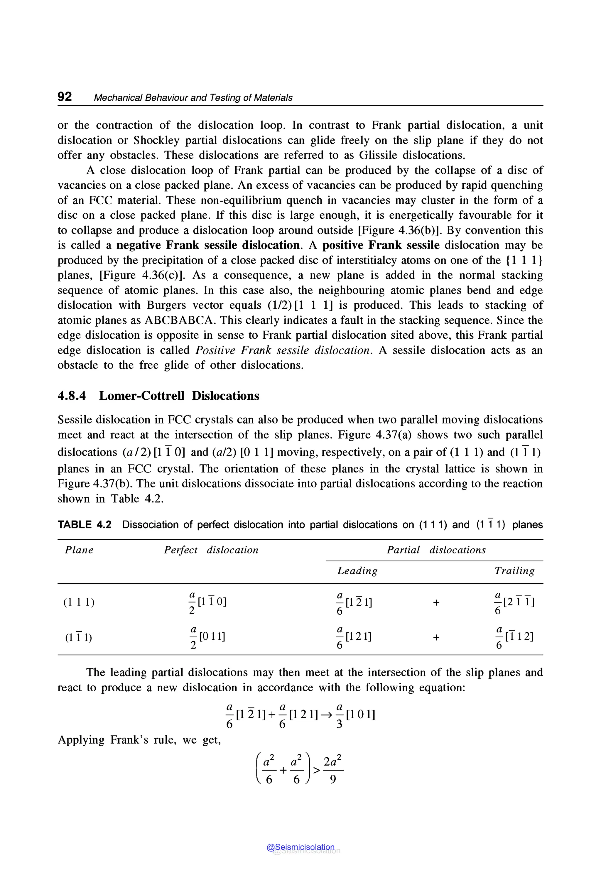 92 Mechanical Behaviour and Testing of Materials
or the contraction of the dislocation loop. In contrast to Frank partial dislocation, a unit
dislocation or Shockley partial dislocations can glide freely on the slip plane if they do not
offer any obstacles. These dislocations are referred to as Glissile dislocations.
A close dislocation loop of Frank partial can be produced by the collapse of a disc of
vacancies on a close packed plane. An excess of vacancies can be produced by rapid quenching
of an FCC material. These non-equilibrium quench in vacancies may cluster in the form of a
disc on a close packed plane. If this disc is large enough, it is energetically favourable for it
to collapse and produce a dislocation loop around outside [Figure 4.36(b)]. By convention this
is called a negative Frank sessile dislocation. A positive Frank sessile dislocation may be
produced by the precipitation of a close packed disc of interstitialcy atoms on one of the {1 1 1}
planes, [Figure 4.36(c)]. As a consequence, a new plane is added in the normal stacking
sequence of atomic planes. In this case also, the neighbouring atomic planes bend and edge
dislocation with Burgers vector equals (1/2) [l 1 l] is produced. This leads to stacking of
atomic planes as ABCBABCA. This clearly indicates a fault in the stacking sequence. Since the
edge dislocation is opposite in sense to Frank partial dislocation sited above, this Frank partial
edge dislocation is called Positive Frank sessile dislocation. A sessile dislocation acts as an
obstacle to the free glide of other dislocations.
4.8.4 Lomer-Cottrell Dislocations
Sessile dislocation in FCC crystals can also be produced when two parallel moving dislocations
meet and react at the intersection of the slip planes. Figure 4.37(a) shows two such parallel
dislocations (a/2) [1 I 0] and (a/2) [0 1 l] moving, respectively, on a pair of (1 1 1) and (1 I 1)
planes in an FCC crystal. The orientation of these planes in the crystal lattice is shown in
Figure 4.37(b). The unit dislocations dissociate into partial dislocations according to the reaction
shown in Table 4.2.
TABLE 4.2 Dissociation of perfect dislocation into partial dislocations on (1 1 1) and (1 11) planes
Plane
(1 1 1)
(1 T1)
Perfect dislocation
~[11 O]
2
~[O 11]
2
Leading
~[121]
6
~ [121]
6
Partial dislocations
Trailing
+ ~[2 TT]
6
+ ~ [112]
6
The leading partial dislocations may then meet at the intersection of the slip planes and
react to produce a new dislocation in accordance with the following equation:
a - a a
-[121] +-[121] ➔ -[10 l]
6 6 3
Applying Frank's rule, we get,
@Seismicisolation
@Seismicisolation
 